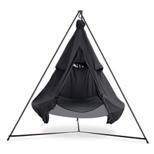Load image into Gallery viewer, Porch Swings Hangout Pod Round Hammock Swing with Stand and Black Pod Cover Set in Gray