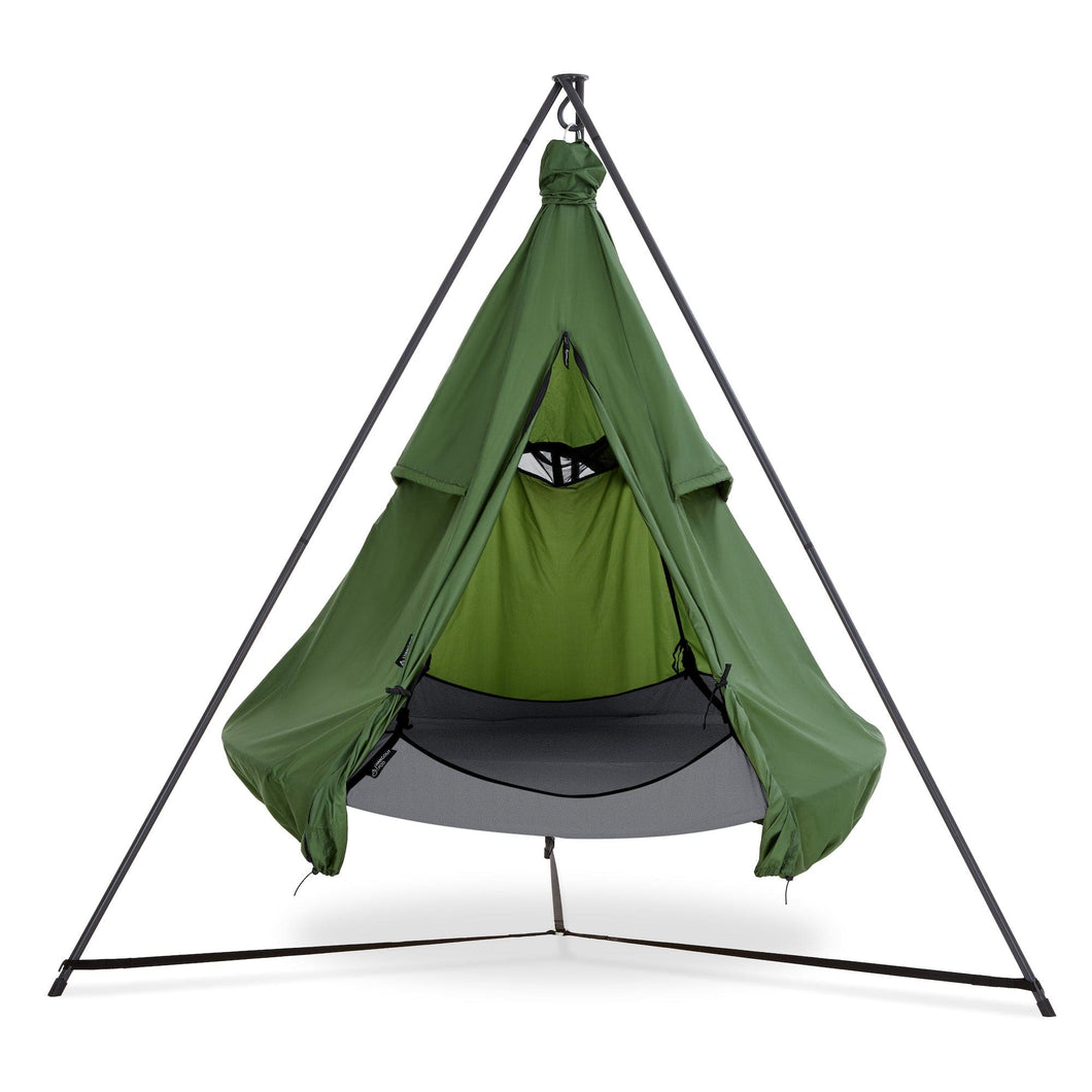 Porch Swings Hangout Pod Round Hammock Swing with Stand and Green Pod Cover Set in Gray