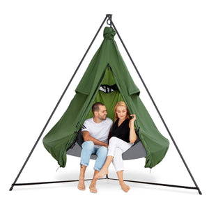 Porch Swings Hangout Pod Round Hammock Swing with Stand and Green Pod Cover Set in Gray