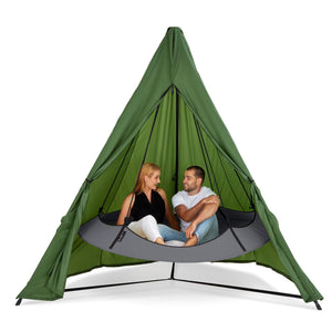 Porch Swings Hangout Pod Round Hammock Swing with Stand and Green Stand Cover Set in Gray